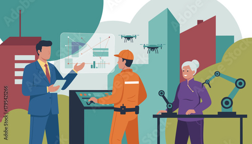 Future tech collaboration manager technician and senior citizen interacting with robotics and drones