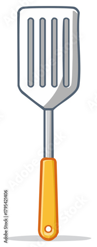 Slotted kitchen spatula with a yellow handle, vector illustration of a cooking utensil