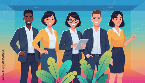 Confident diverse business team collaboration using a digital tablet in a colorful modern office