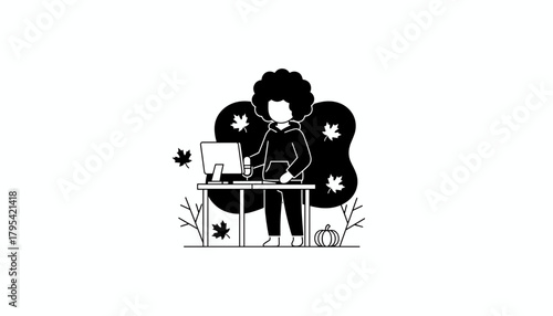 Freelance work icon cozy autumn remote office setup with falling leaves and pumpkin decoration