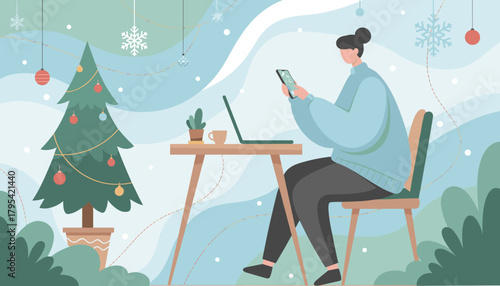 Cozy holiday productivity Woman works remotely with phone and laptop near a Christmas tree