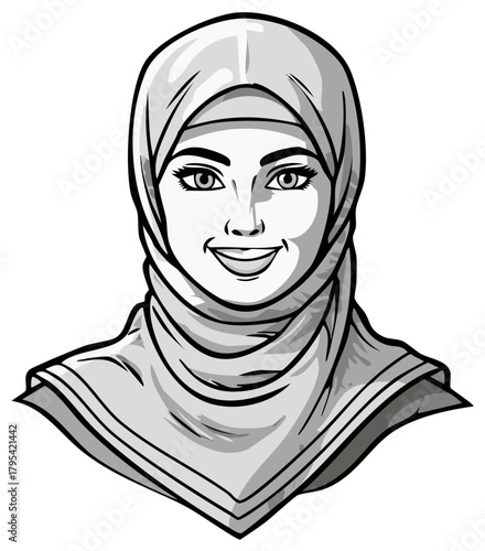 Smiling woman wearing a hijab in a black and white illustration style