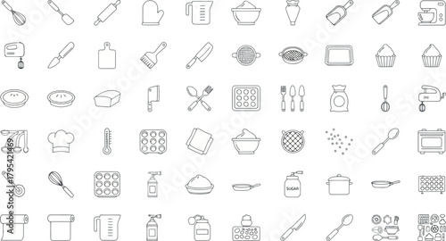 Assortment of handdrawn kitchen utensil and cooking icons