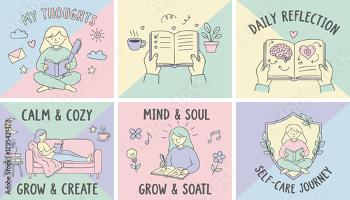 Handdrawn pastel illustrations of selfcare journaling reflection and cozy mental health concepts