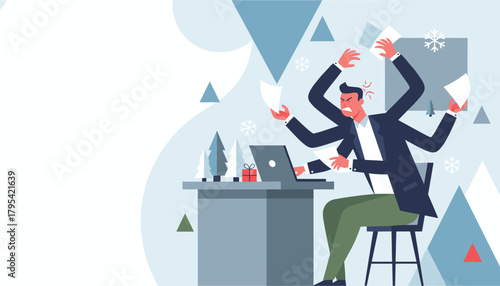 Angry worker juggling tasks and paperwork during the stressful holiday business season
