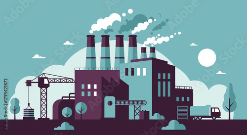 Flat design industrial factory with smokestacks crane and truck Production and environment concept
