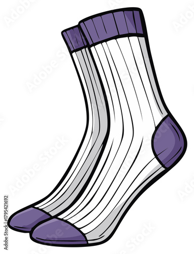 Pair of purple and white striped crew socks with reinforced toes and heels