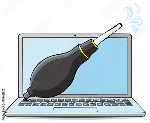 Blowing Dust Off Laptop Keyboard with Air Blower to Clean Electronics Equipment