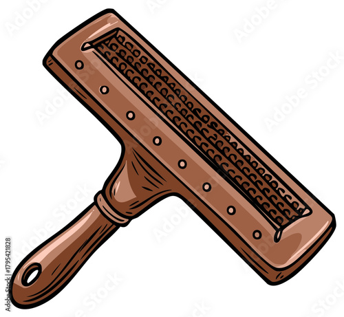 Antique brown grooming comb design with handle and rows of metal teeth for pet care and hygiene cartoon tool