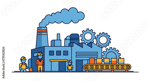 Vector factory illustration depicting industrial production manufacturing workers and conveyor belt