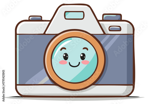 Cute cartoon camera character with a happy smiling face. Kawaii photography icon.