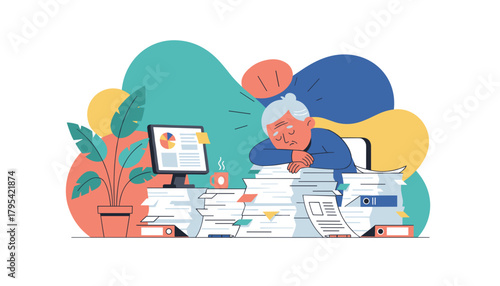 Overworked senior employee suffering burnout sleeping exhausted on a huge stack of office paperwork