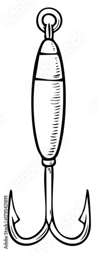 Hand-drawn fishing lure with treble hook doodle style. Classic angling equipment graphic illustration.