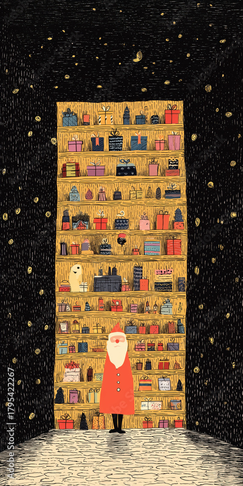 custom made wallpaper toronto digitalhand drawing illustration of Santa Claus in Christmas cutaway scene with brick interior, giant wooden trinket shelf, display rack filled with colorful gift boxes and toys, christmas holiday