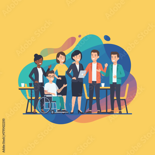 Diverse business team meeting Collaboration inclusion and equality in a modern workplace illustration