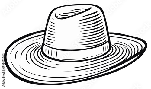 Cartoon straw hat with a broad brim, drawn with black lines in a vintage or woodcut style
