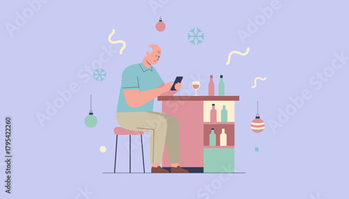 Senior man uses phone at home bar during a holiday party Flat vector illustration for modern lifestyle
