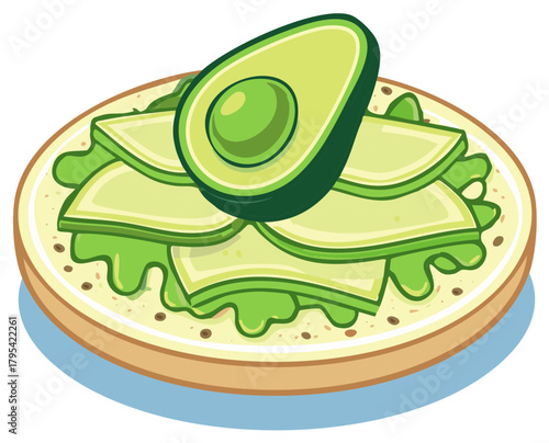 Sliced avocado on toast with a half avocado on top, healthy breakfast food vector illustration