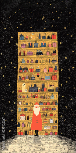 Wallpaper Mural hand drawing illustration of Santa Claus in Christmas cutaway scene with brick interior, giant wooden trinket shelf, display rack filled with colorful gift boxes and toys, christmas holiday Torontodigital.ca