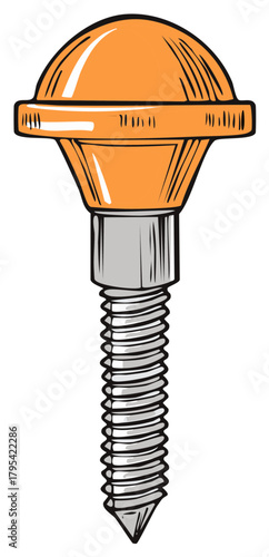 Artistic illustration of an orange push pin fastener in a line art style.