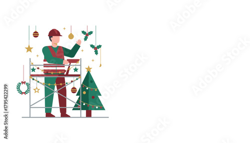 Professional maintenance worker decorating public space for Christmas celebrations