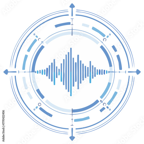 Abstract sound wave equalizer design with circular compass elements and blue accents