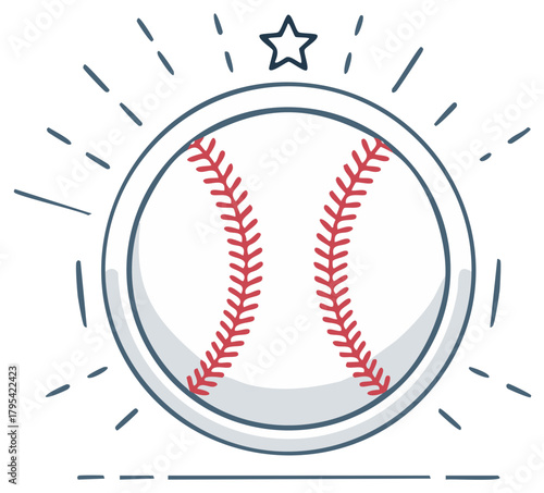 Cartoon baseball with red stitching and a star above encircled by dashed lines
