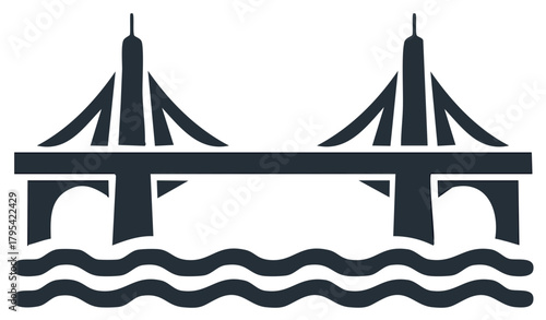 Suspension bridge silhouette over wavy water illustration in vector format, landmarks