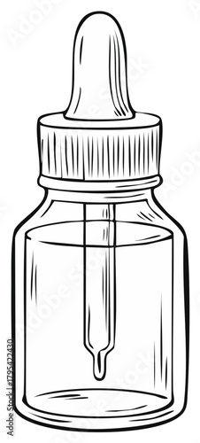 Outline sketch illustration of a glass bottle with a dropper for medicine or cosmetic oil