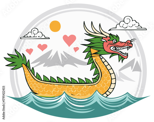 Stylized Asian Dragon boat sailing on water with mountains and hearts