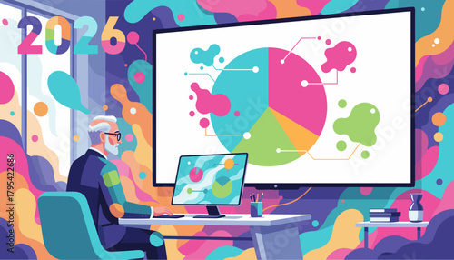 Senior businessman analyzing 2026 data visualization in a vibrant modern office setting