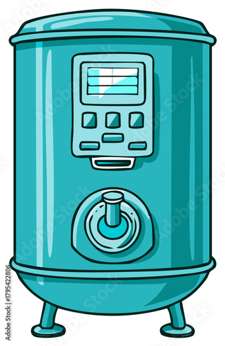 Cartoon illustration of a teal colored pressure vessel with a control panel and lever