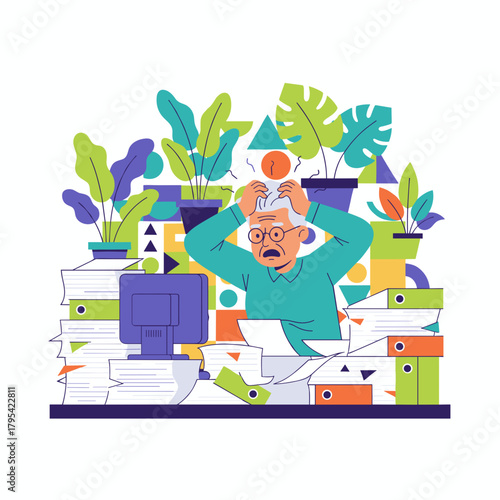 Stressed senior employee overwhelmed by huge piles of paperwork symbolizing burnout and heavy workload