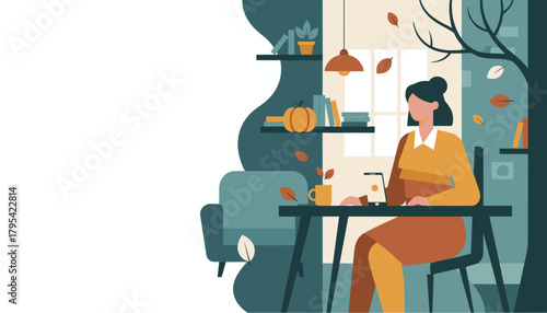 Remote work lifestyle in a cozy autumn home office with pumpkin decor and falling leaves