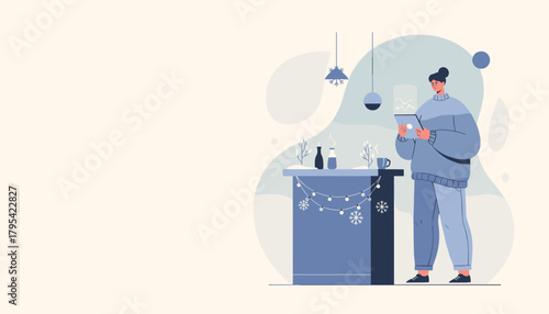 Woman in cozy winter clothing uses a digital tablet next to holiday decor Leisure and technology