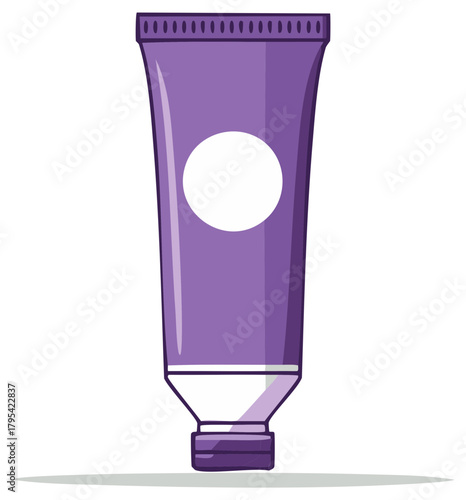 Simple illustration of a purple cosmetic tube with a white circle label for branding