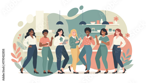 Diverse women team smiling and giving thumbs up in a bright office kitchen illustration