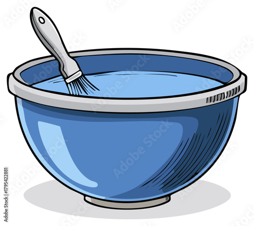 Cartoon illustration of a blue mixing bowl with a brush soaking in liquid for cooking or art