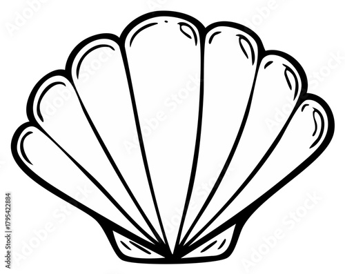 Black and white scallop seashell illustration with bold outlines and smooth curves