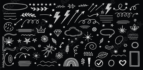 Collection of hand-drawn doodle elements and icons for creative design, including stars, arrows, and abstract shapes on a black background