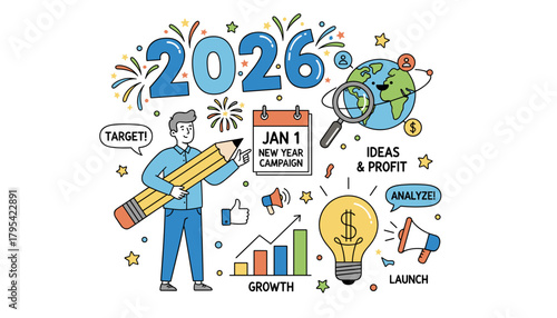 New Year 2026 business goals campaign strategy planning and profit generation doodle