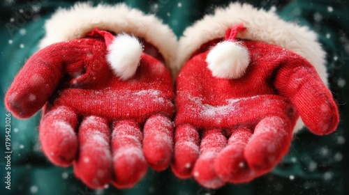 Cozy red mittens cradling delicate snowflakes in winter wonderland capturing the essence of holiday warmth and joy reflecting festive spirit and seasonal cheer captured with clarity