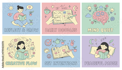 Illustrations for mental health and selfcare reflection journaling creativity and peaceful rest