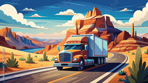 Very beautiful state Nevada scene featuring a new semi-truck driving toward the viewer on an open highway, clean white background, no logos, no brands, commercial-safe composition, bright natural ligh
