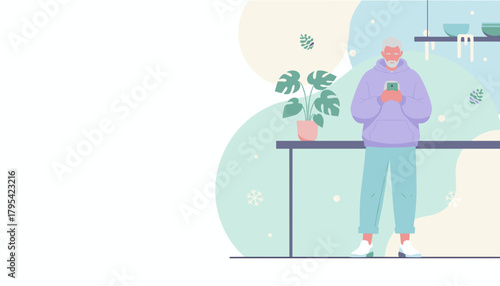 Relaxed senior man uses smartphone at home Flat vector illustration for technology and lifestyle