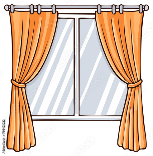 Bright orange curtains tied back to reveal a reflective window scene illustration