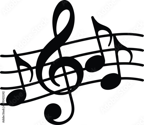 Musical notes and treble clef symbol on a white background