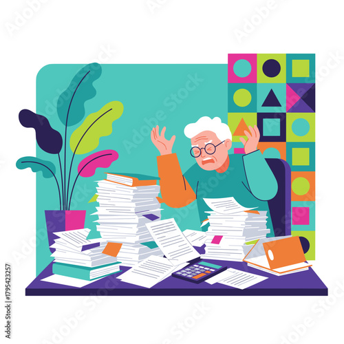 Stressed senior man overwhelmed by piles of documents taxes and administration