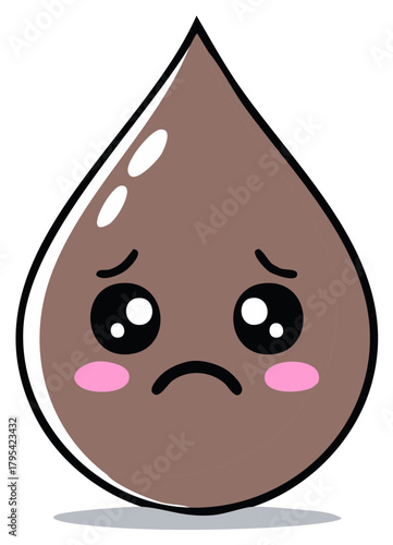 Sad chocolate drop character with upset expression, cute kawai cartoon