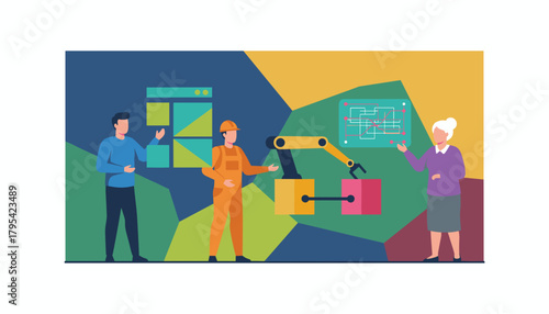 Engineers and worker collaborate on industrial automation and robotic technology management